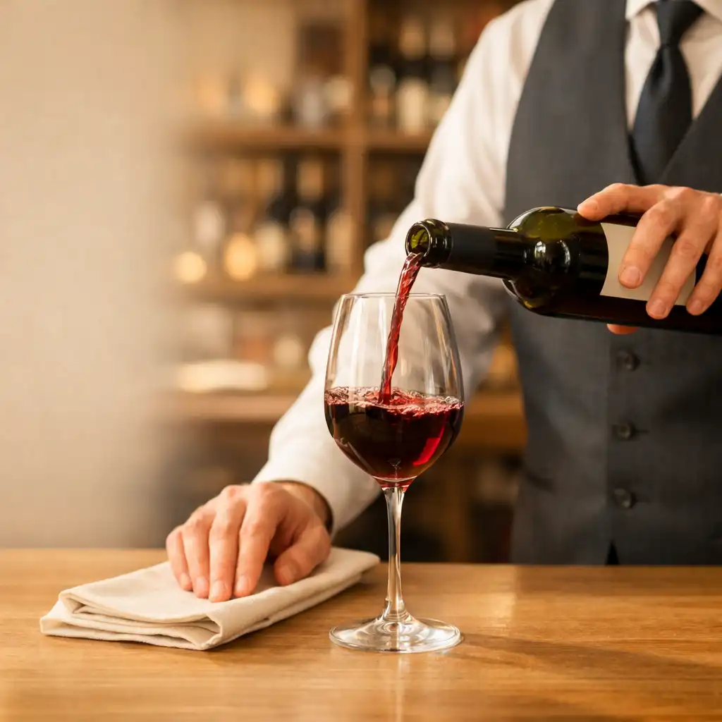 Sommelier versant du vin dans un verre à pied