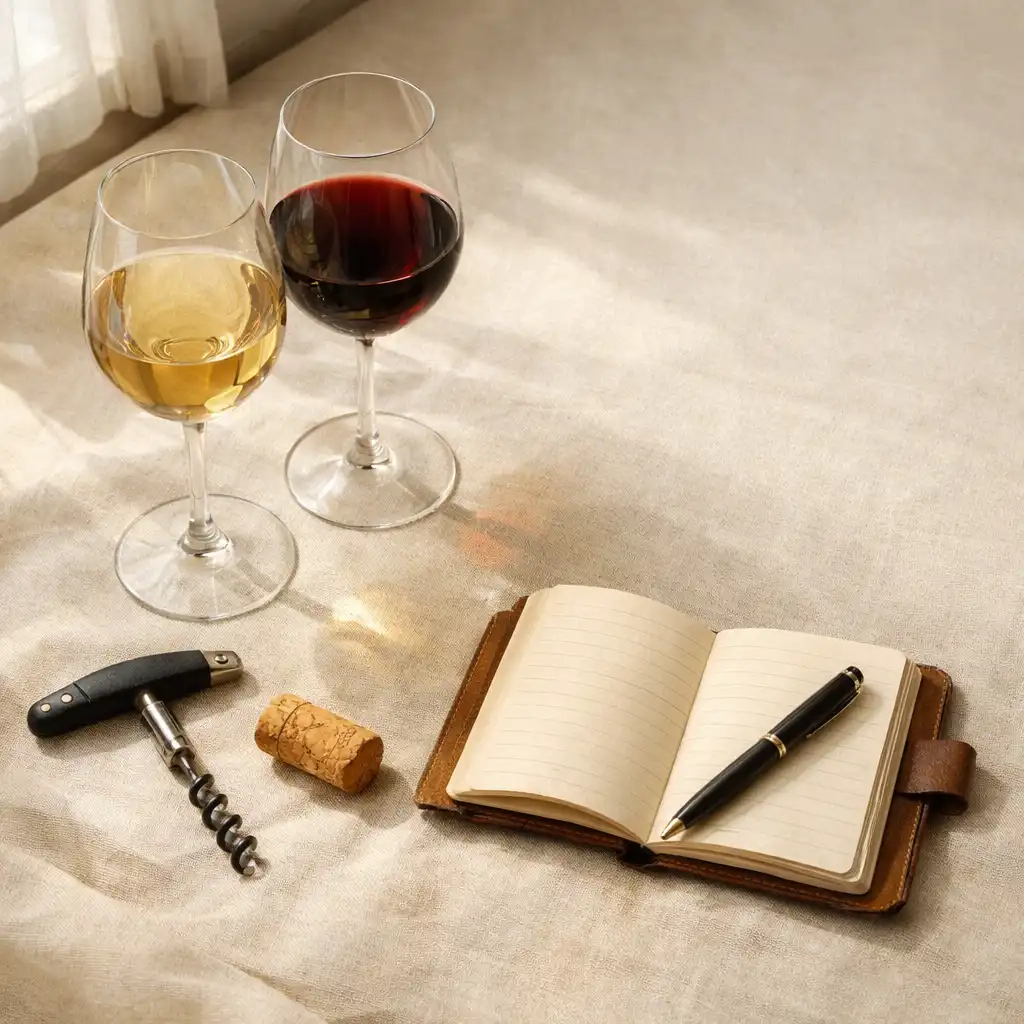 Verres, bouchon de liège, tire-bouchon et carnet de notes sur une nappe en lin clair.