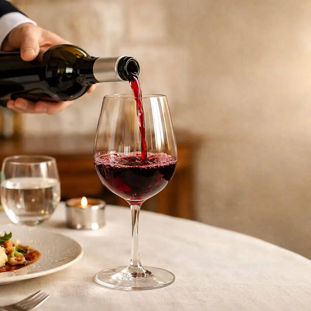 Une main de sommelier verse du vin rouge dans un verre sur une table en lin ivoire.