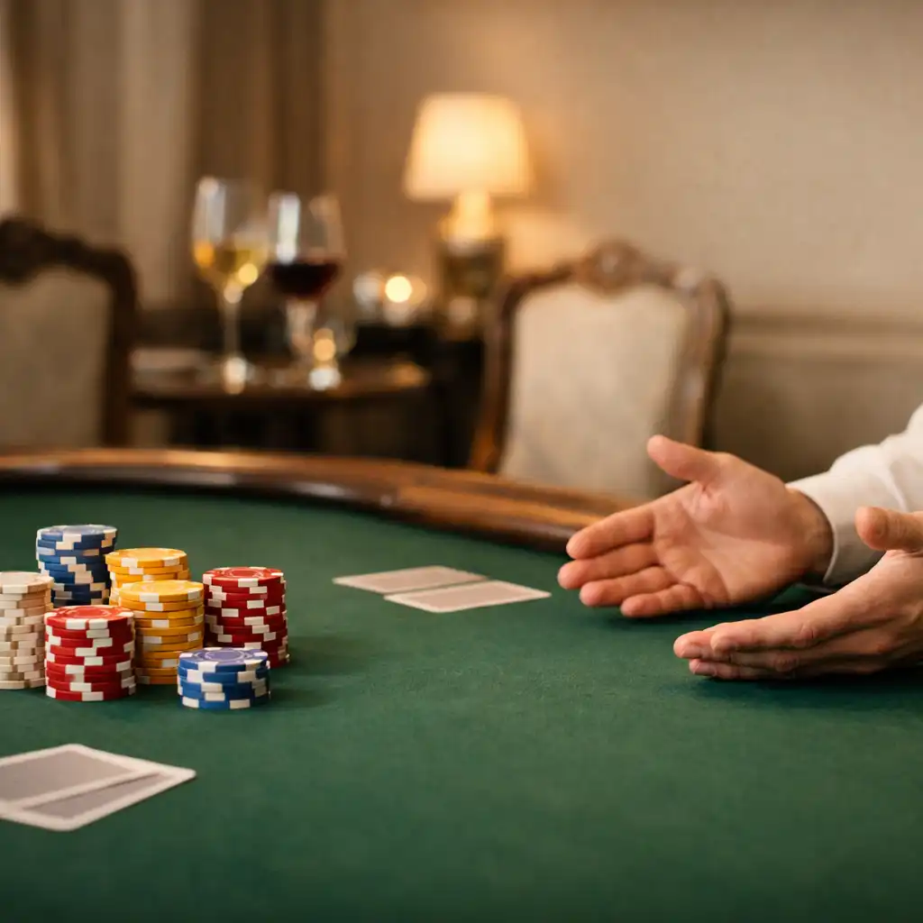Table de cartes en feutre vert, jetons en céramique et mains d’un croupier accueillant des convives