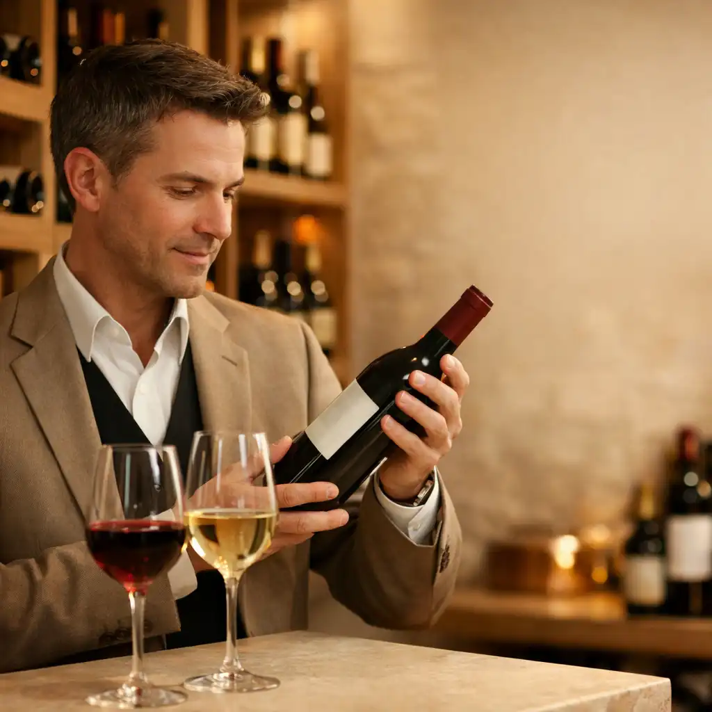 Sommelier choisissant une bouteille près de deux verres de vin sur une table de pierre claire