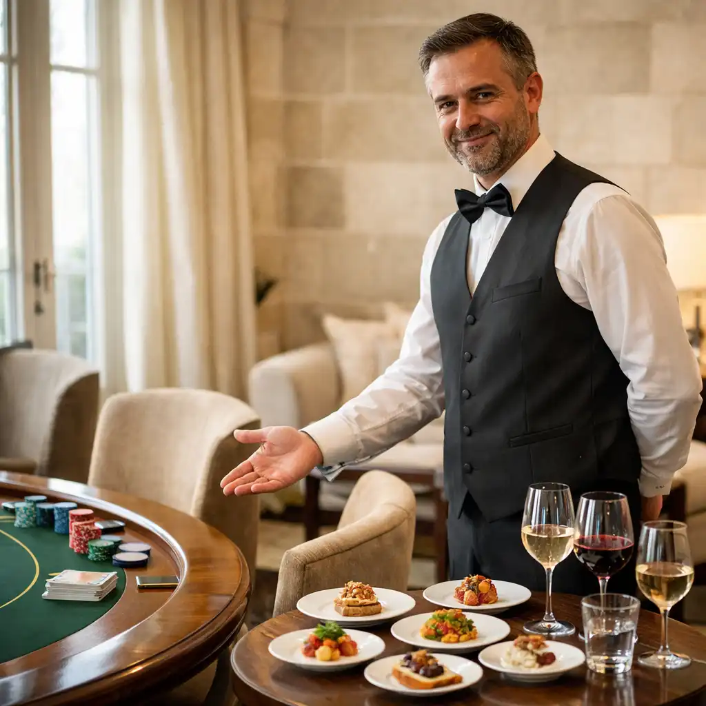 Croupier professionnel accueillant une table dans un salon privé avec service gastronomique