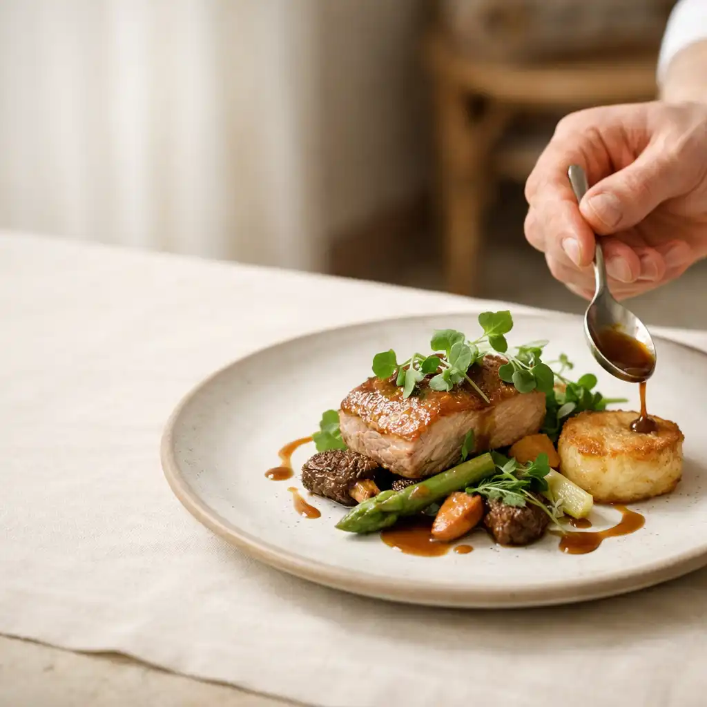 Assiette de cuisine française de saison finalisée par une main de chef
