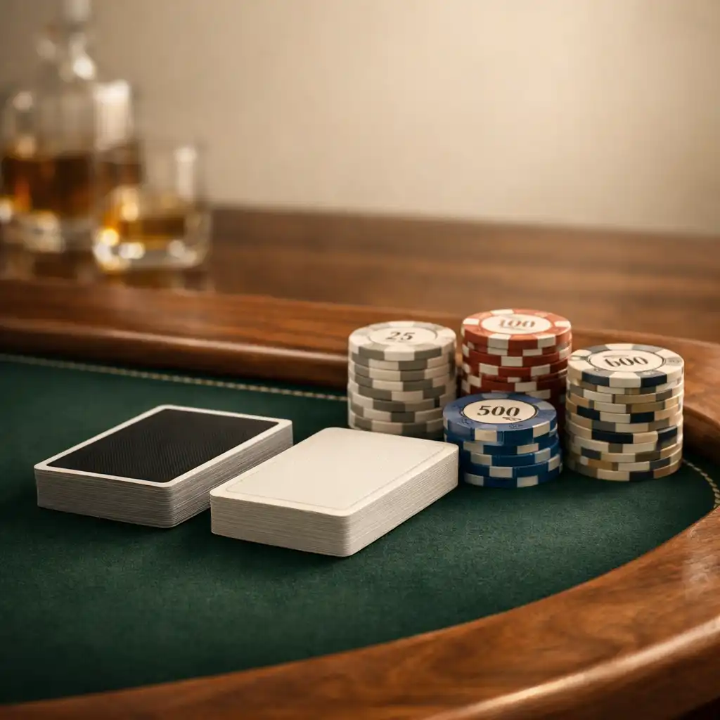Détail d’une table de poker en bois, feutre vert et jetons officiels de tournoi en céramique