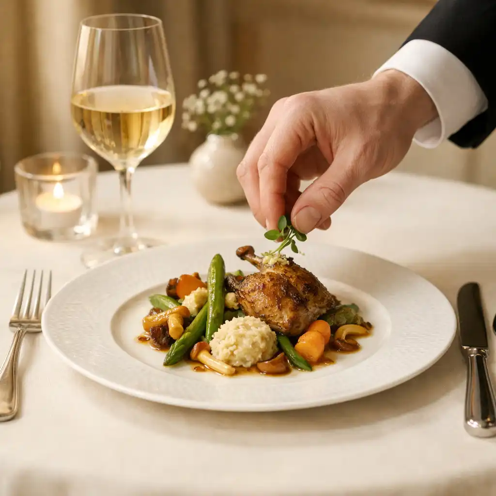 Assiette gastronomique sur linge ivoire, verre de vin et geste de service