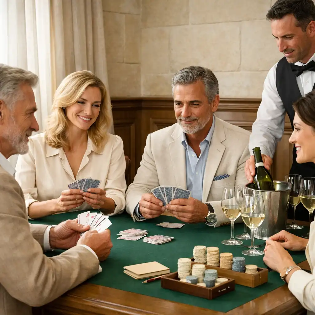 Invités autour d’une table de cartes privée pendant qu’un service de vins est proposé avec discrétion.