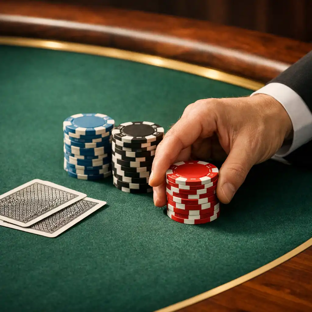 Main de croupier-hôte alignant des jetons officiels sur un feutre vert profond.