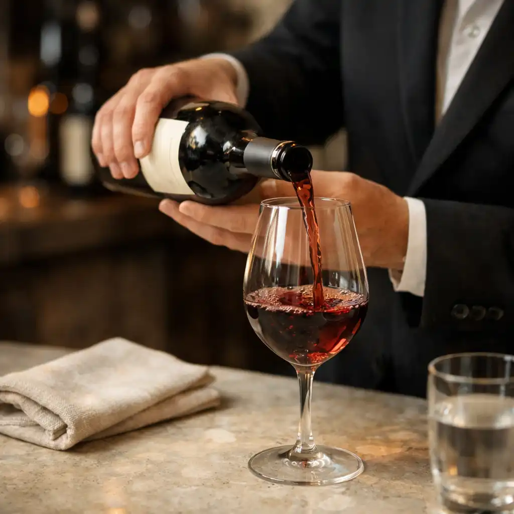 Mains d’un sommelier versant du vin dans un verre tulipe