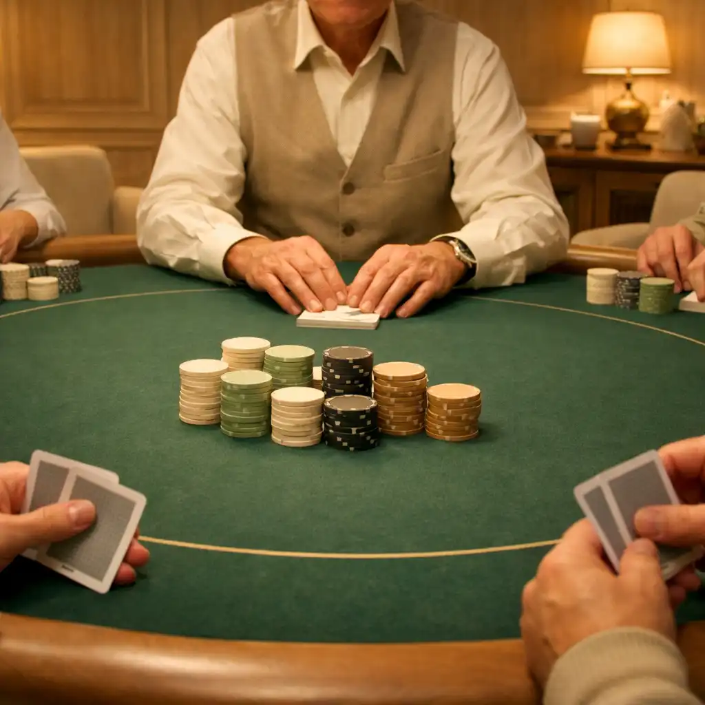 Table de cartes au feutre vert avec jetons et mains d’un donneur-hôte