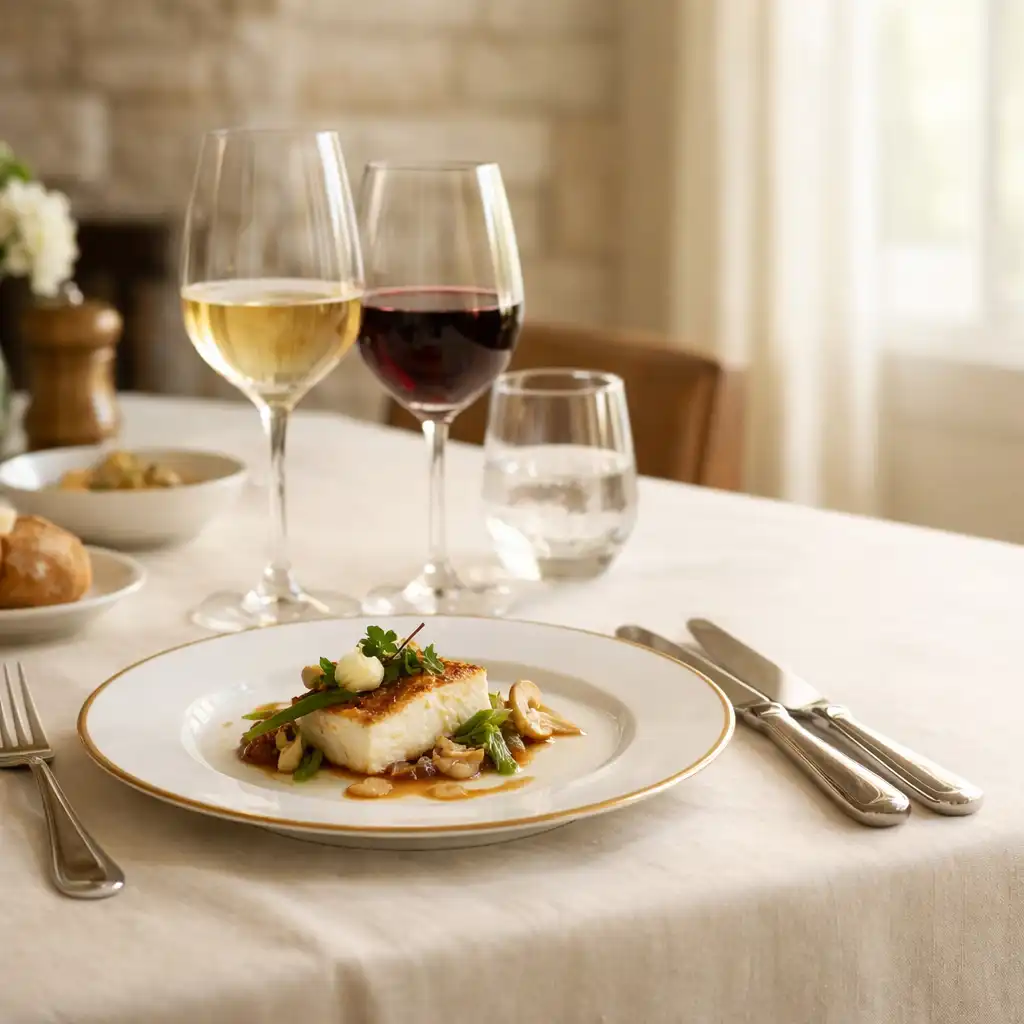 Table de gastronomie dressée avec verrerie, linge ivoire et assiette raffinée