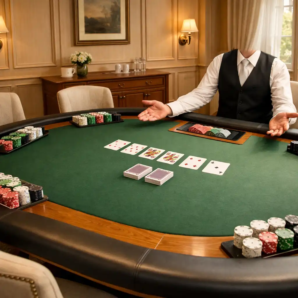 Salon privé lumineux avec table de cartes, jetons en céramique et mains d’un croupier-hôte