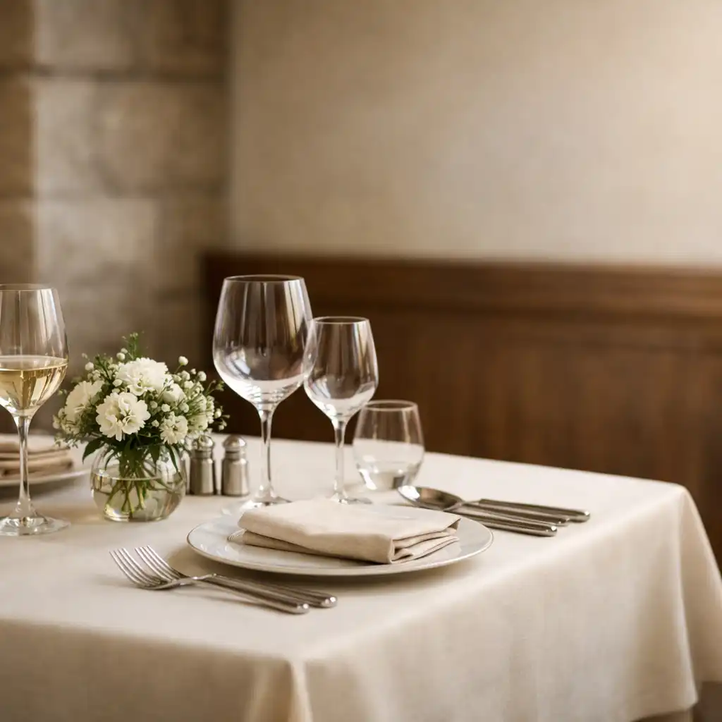 Table de restaurant préparée avec nappe ivoire, porcelaine et verres à vin