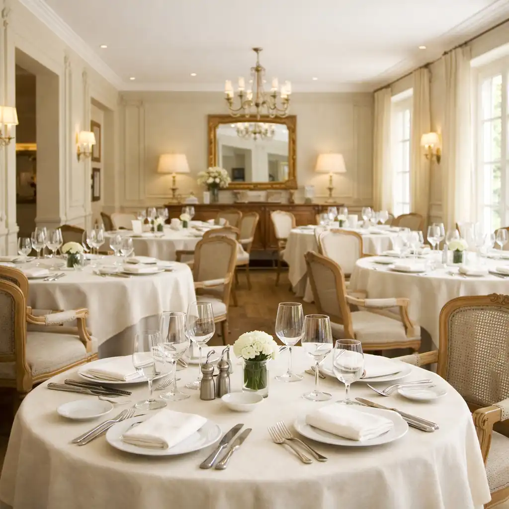 Salle à manger lumineuse avec tables dressées, linge ivoire et verrerie