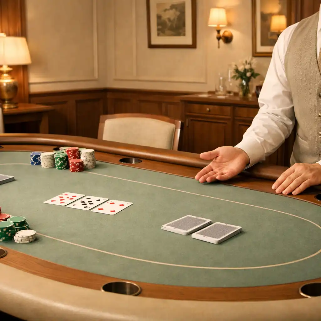 Salon privé de cartes avec table au feutre sage, jetons en céramique et mains d’un croupier