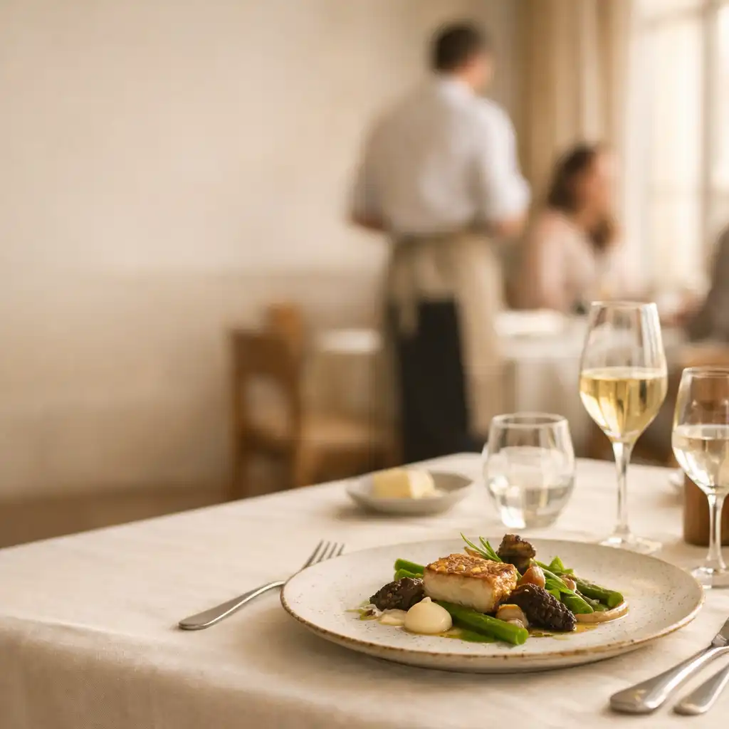 Table de gastronomie française lumineuse, avec assiette raffinée, linge ivoire et verrerie