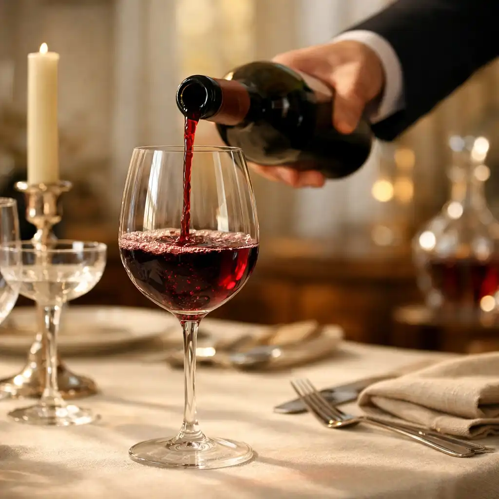 Main d’un sommelier versant du vin dans un verre sur une table dressée