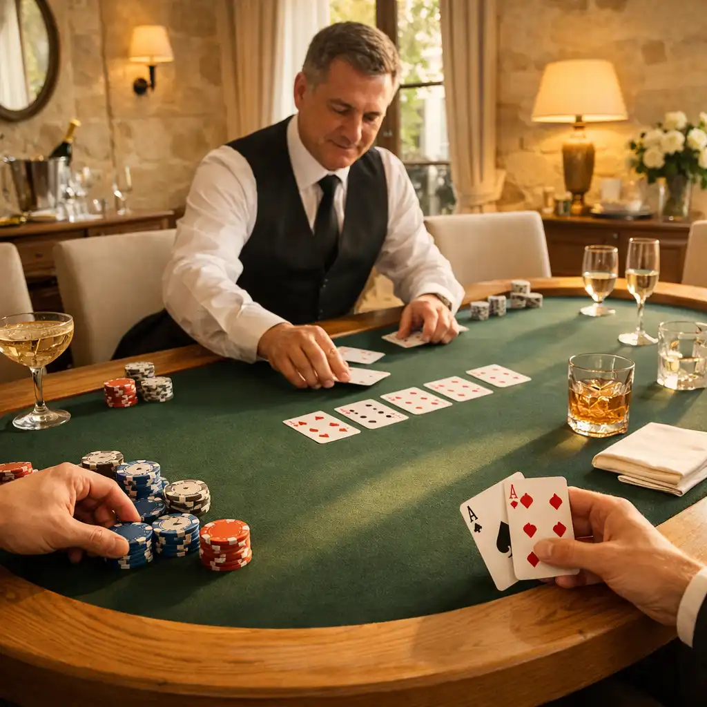 Salon privé lumineux avec table de poker artisanale, croupier et jetons de tournoi