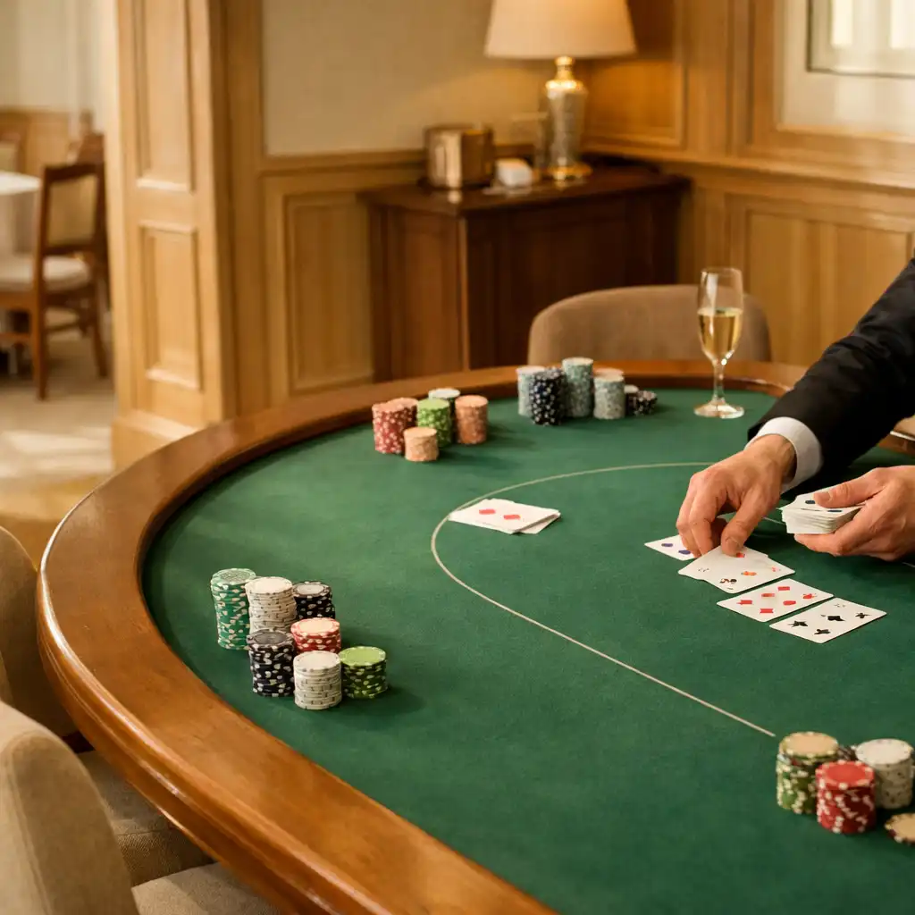 Mains d’un croupier-hôte distribuant des cartes sur une table de feutre dans un salon privé lumineux.