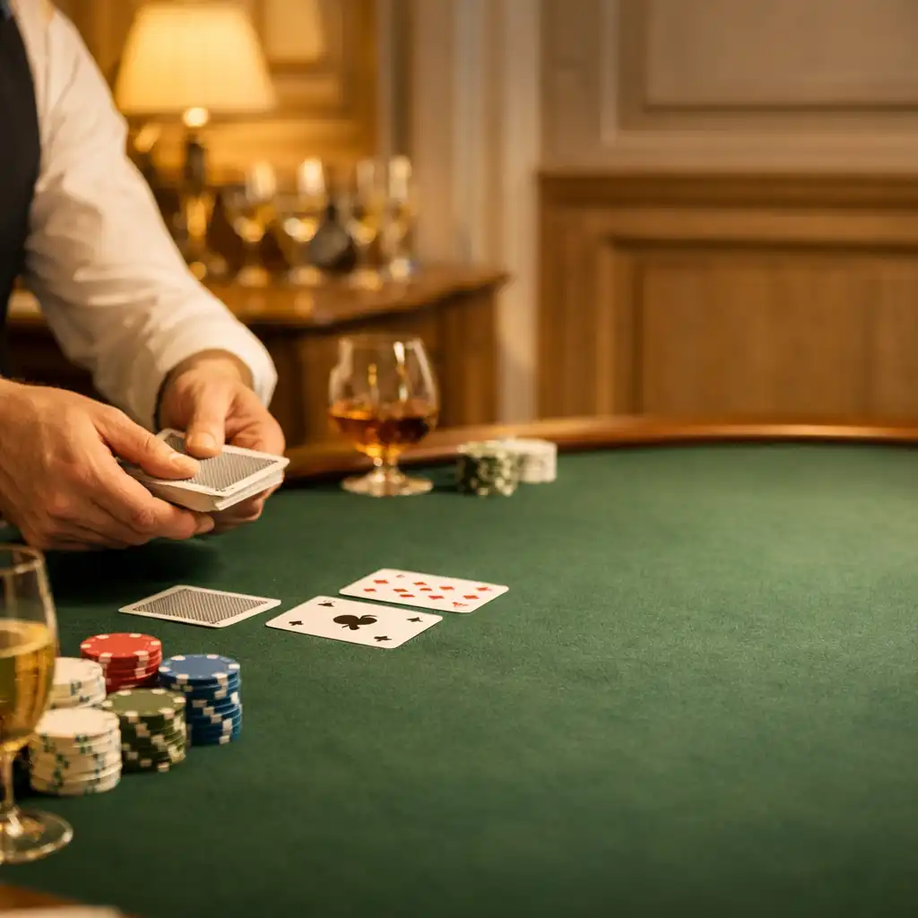 Mains d’un donneur sur une table de poker privée avec jetons céramique et verres à pied